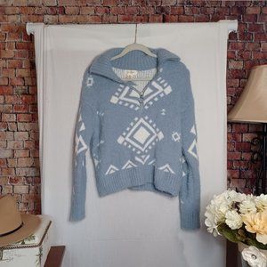 Jessica Simpson Blue Quarter Zip Furry Sweater | Small | Cozy Aztec Design